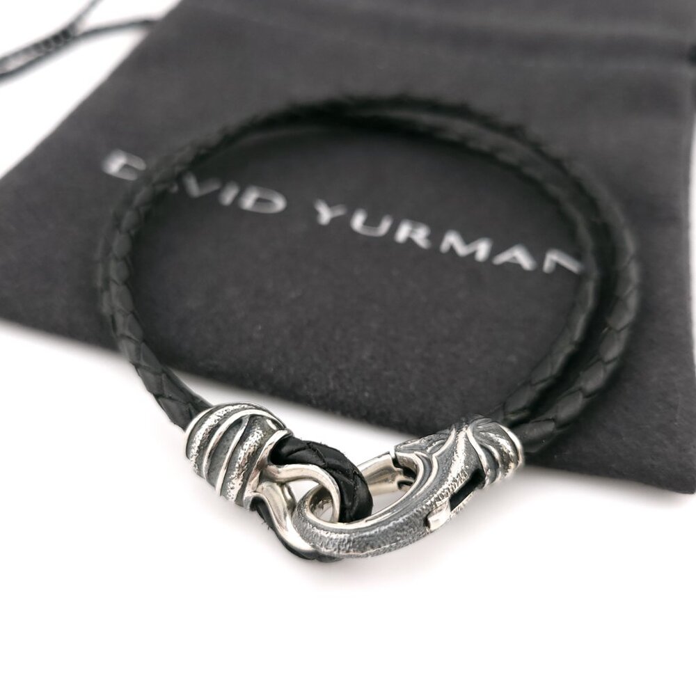 David Yurman Sterling Silver Armory Black Two Row Leather 8.5' Inch Bracelet